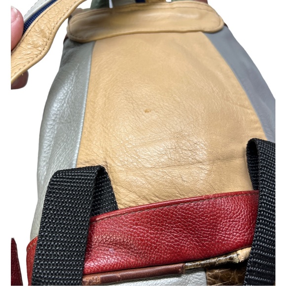 VTG 90's Gray Brown Cream Red Leather Mini Backpack with Zipper Straps - Picture 6 of 16